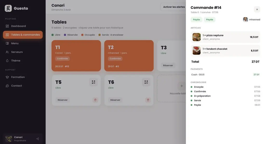 Caisse — commande payée, table libérée